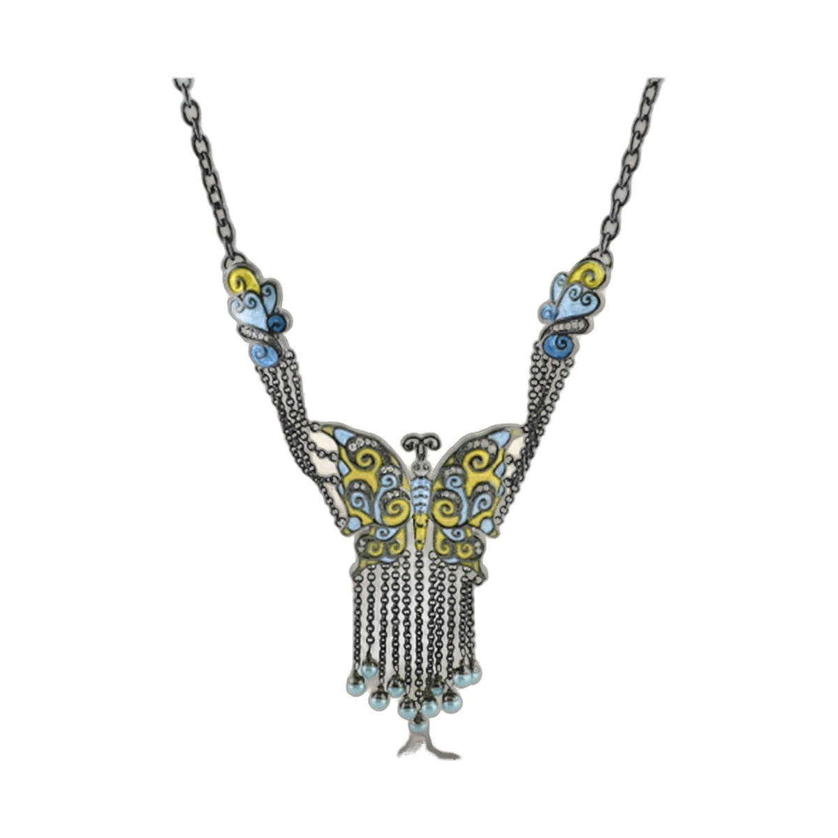 Butterfly World Necklace by Lauren G Adams with blue and yellow butterflies and tassel chains on Tampa Home & Garden Store