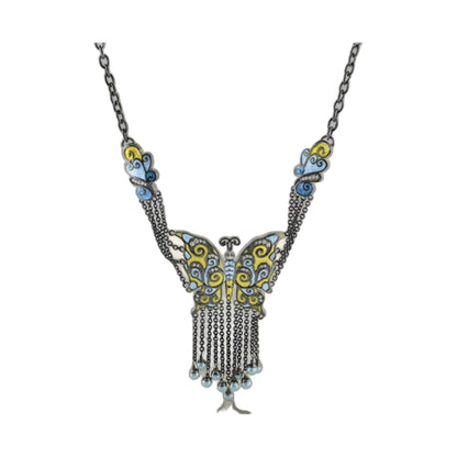 Butterfly World Necklace by Lauren G Adams with blue and yellow butterflies and tassel chains on Tampa Home & Garden Store