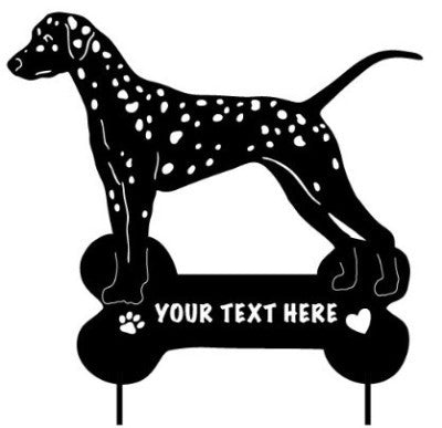 Dalmatian garden stake by Rustica Ornamentals, black with white spots, custom bone sign on Tampa Home & Garden Store