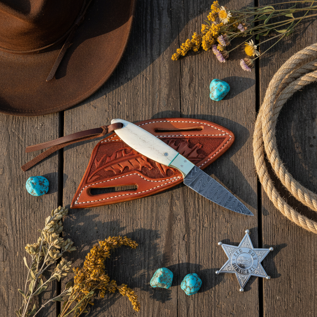 Compact Damascus Western Ranch Knife with bone handle and brass bolster leather sheath on Tampa Home & Garden Store