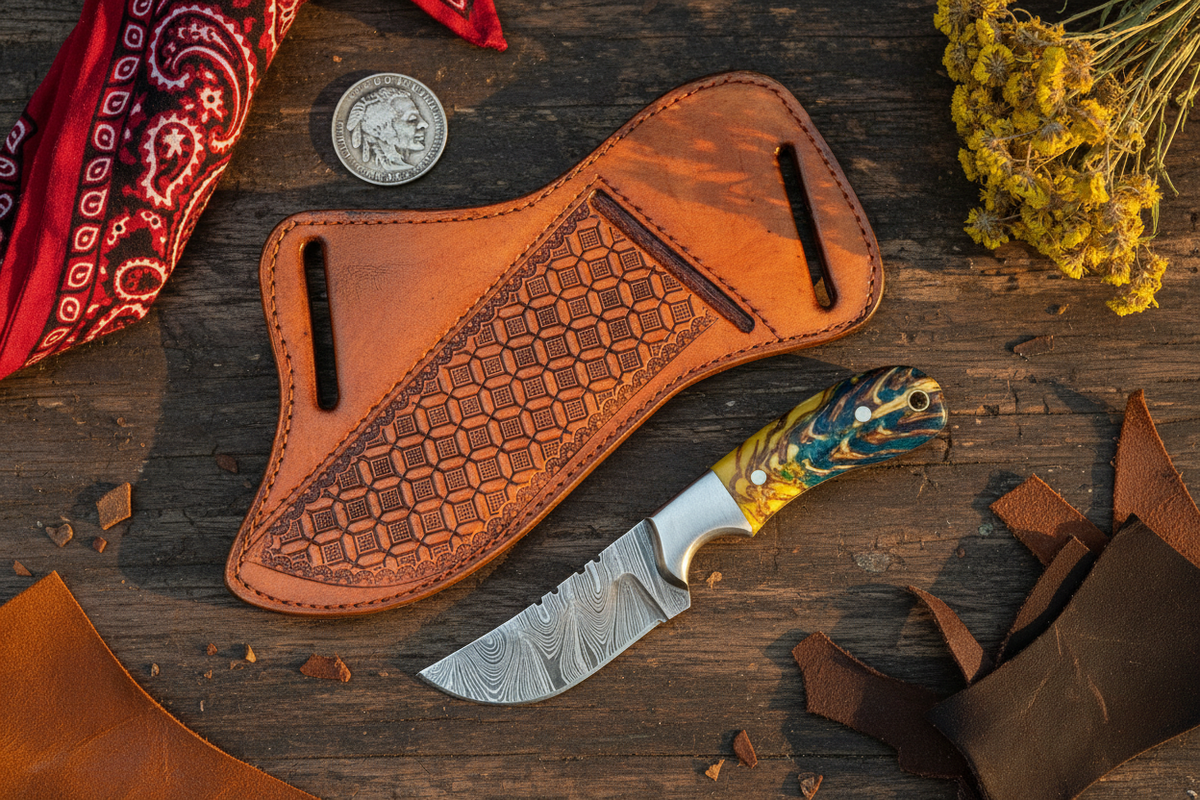 Cross Draw Knife with Sheath, Damascus steel blade and pine cone resin handle by Frontier Cowboy Gear hunting knife on Tampa Home & Garden Store