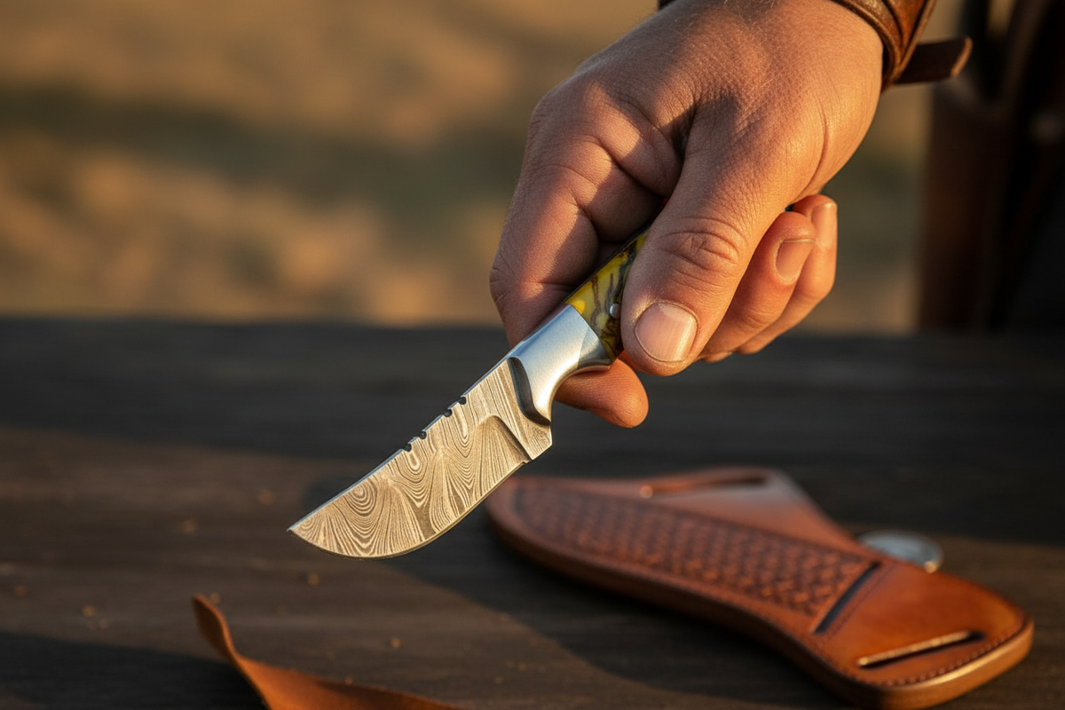 Cross Draw Knife 7.5in Damascus blade with pine cone resin handle by Frontier Cowboy Gear on Tampa Home & Garden Store