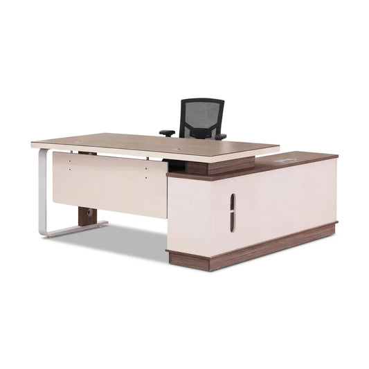 Halley Modern L-Shaped Desk by Arc Grove, beige top with brown wood accents on Tampa Home & Garden Store