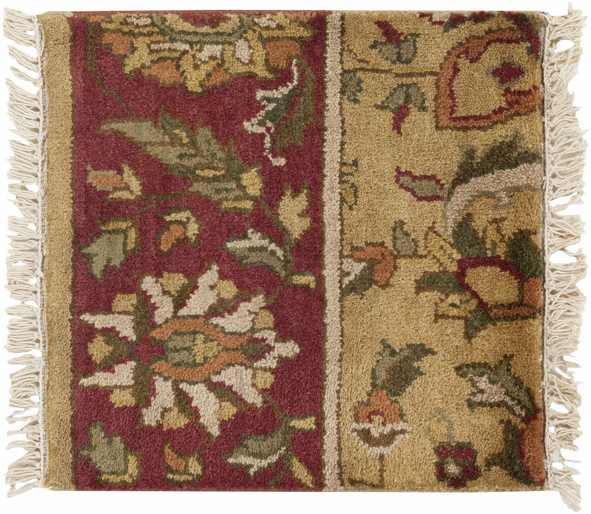 Danboro Premium Wool Carpet rug by Boutique Rugs in burgundy, tan and olive with fringed edges on Tampa Home & Garden Store
