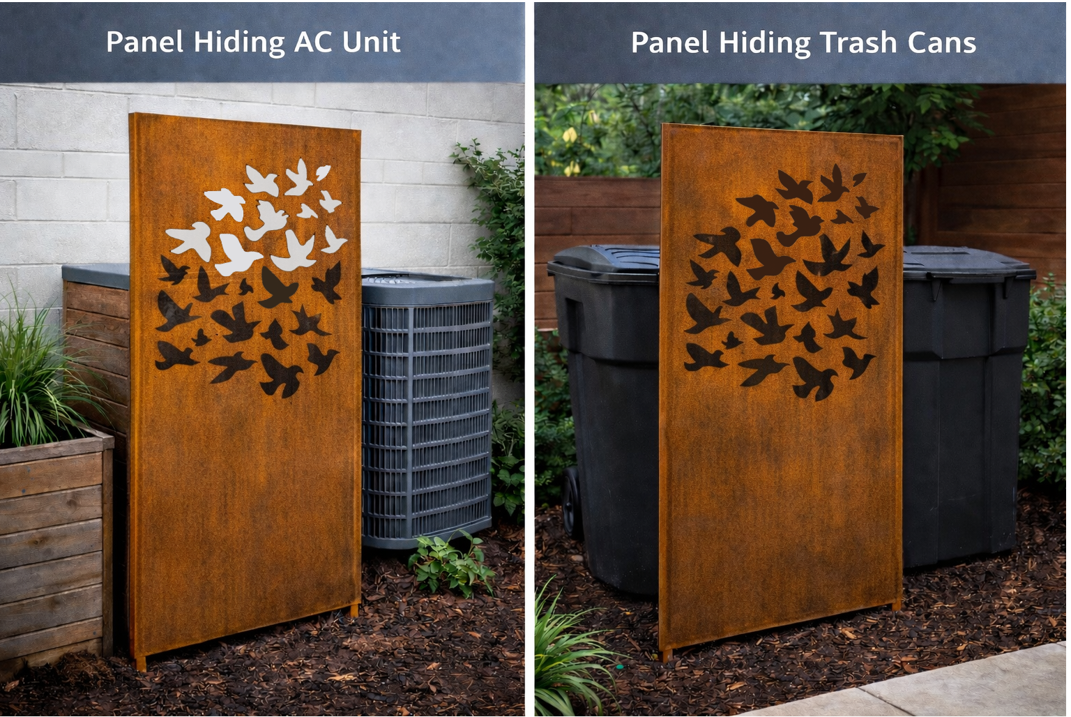 Outdoor metal panel wall art with bird silhouettes 46-inch Rustica Ornamentals on Tampa Home & Garden Store