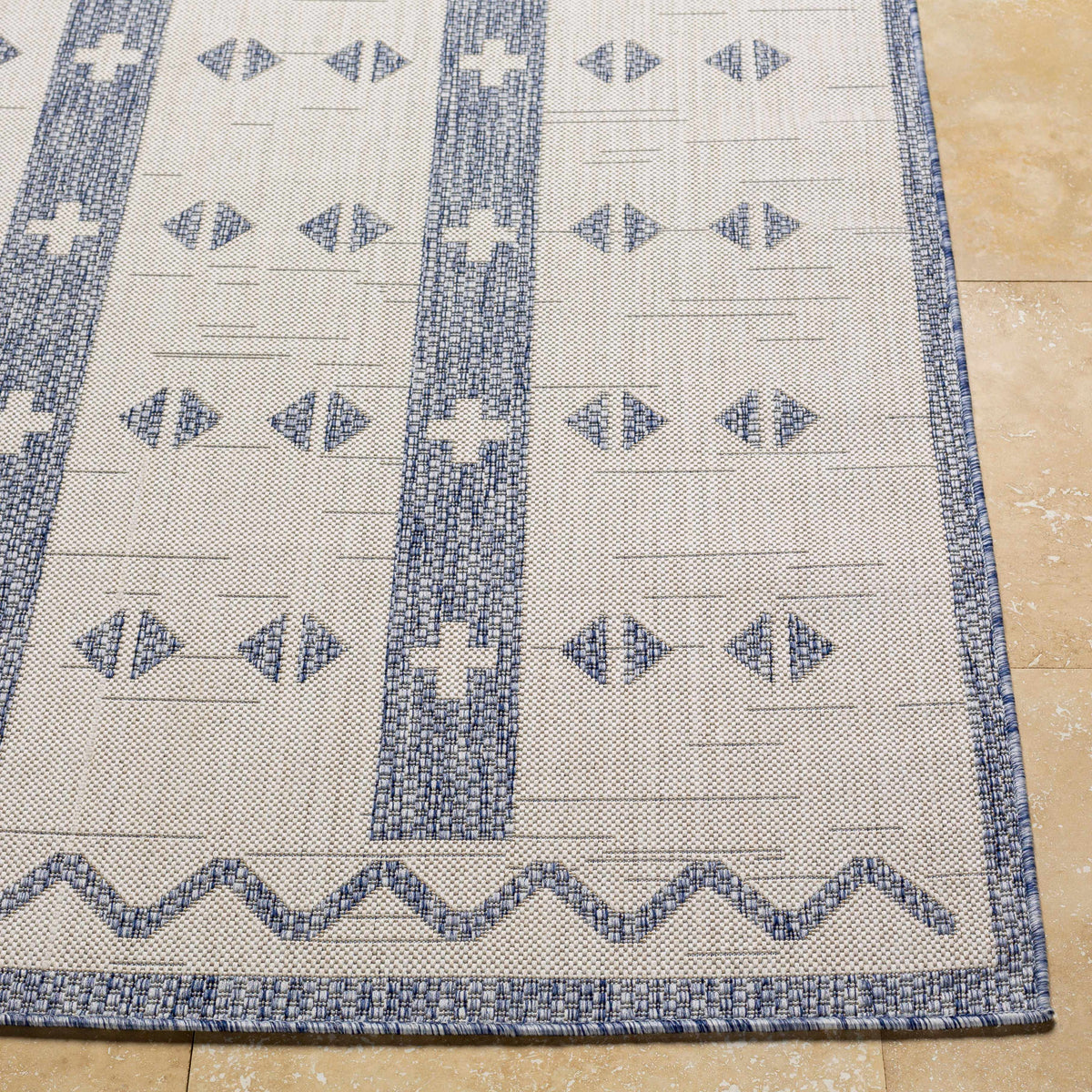 Dapitan Indoor & Outdoor Rug in blue and beige geometric motif by Boutique Rugs on Tampa Home & Garden Store