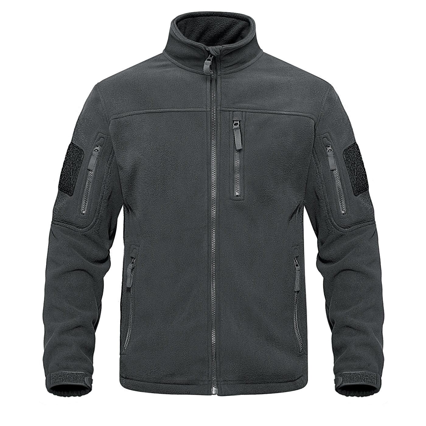 Stevvex dark grey fleece tactical jacket with multiple zip pockets and Velcro arm patches on Tampa Home & Garden Store