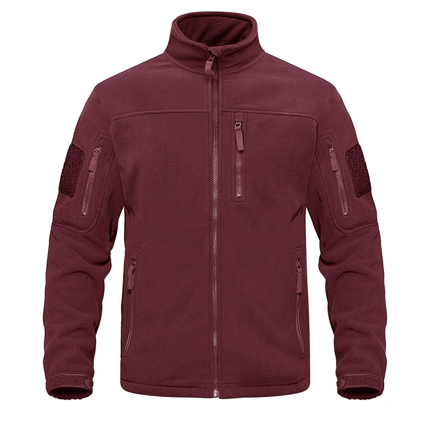 Stevvex burgundy fleece jacket with multiple zip pockets, high collar, full-zip front on Tampa Home & Garden Store