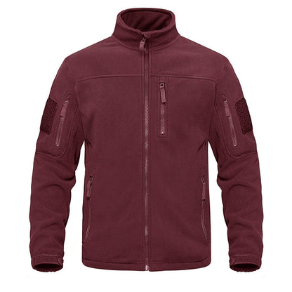 Stevvex burgundy fleece jacket with multiple zip pockets, high collar, full-zip front on Tampa Home & Garden Store