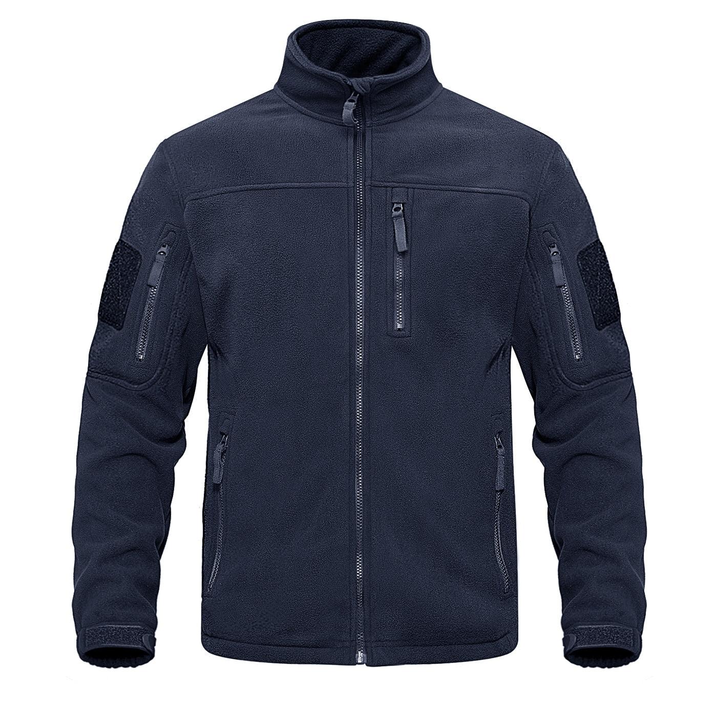 Stevvex dark blue tactical fleece jacket with multiple zip pockets and high collar on Tampa Home & Garden Store