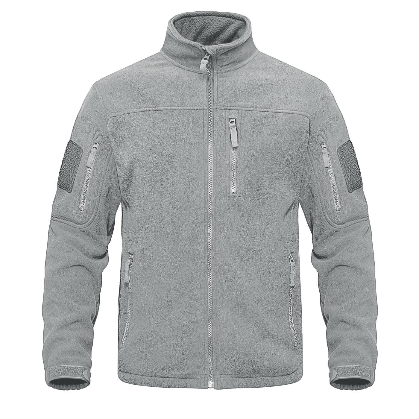 Gray men's fleece tactical jacket with multiple zip pockets and chest/arm zips on Tampa Home & Garden Store