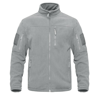Gray men's fleece tactical jacket with multiple zip pockets and chest/arm zips on Tampa Home & Garden Store