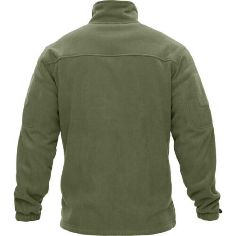 Olive green Stevvex tactical fleece jacket back view with arm pockets on Tampa Home & Garden Store
