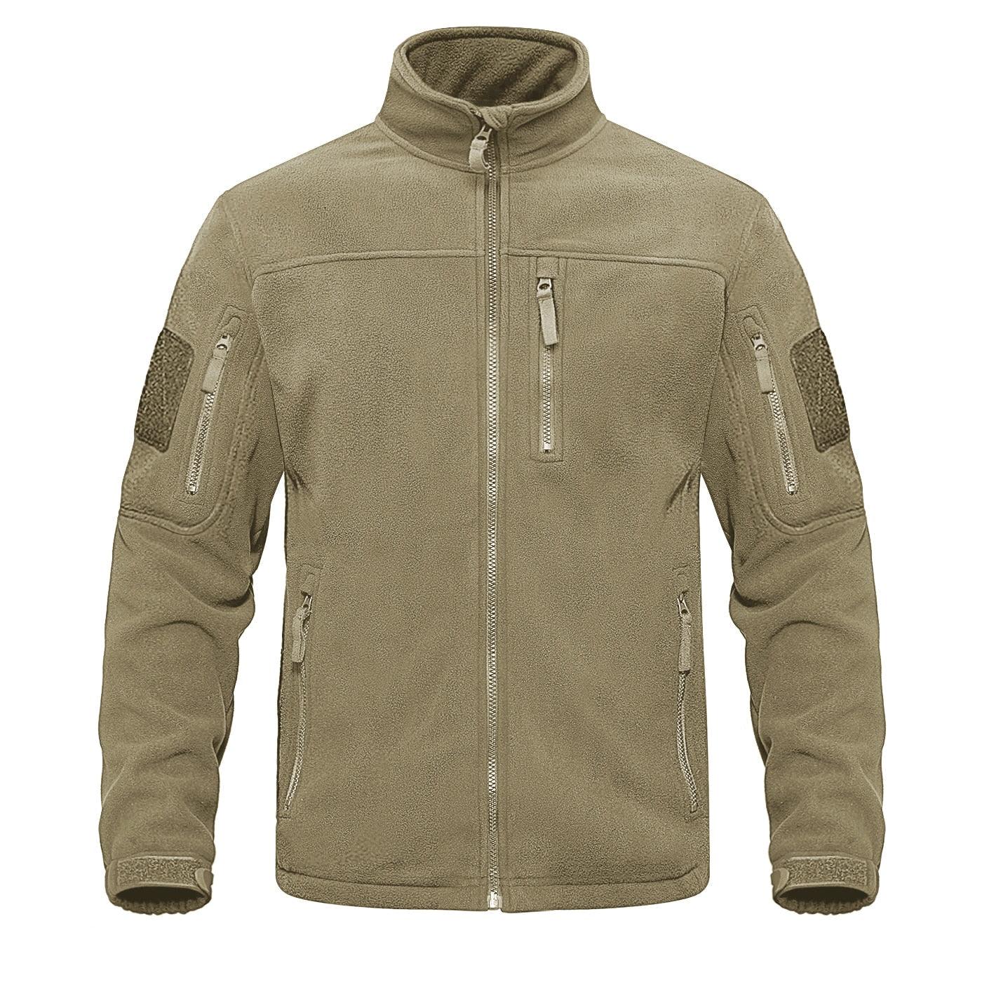 Stevvex tan fleece jacket with multi-pocket tactical design, chest and arm zip pockets on Tampa Home & Garden Store