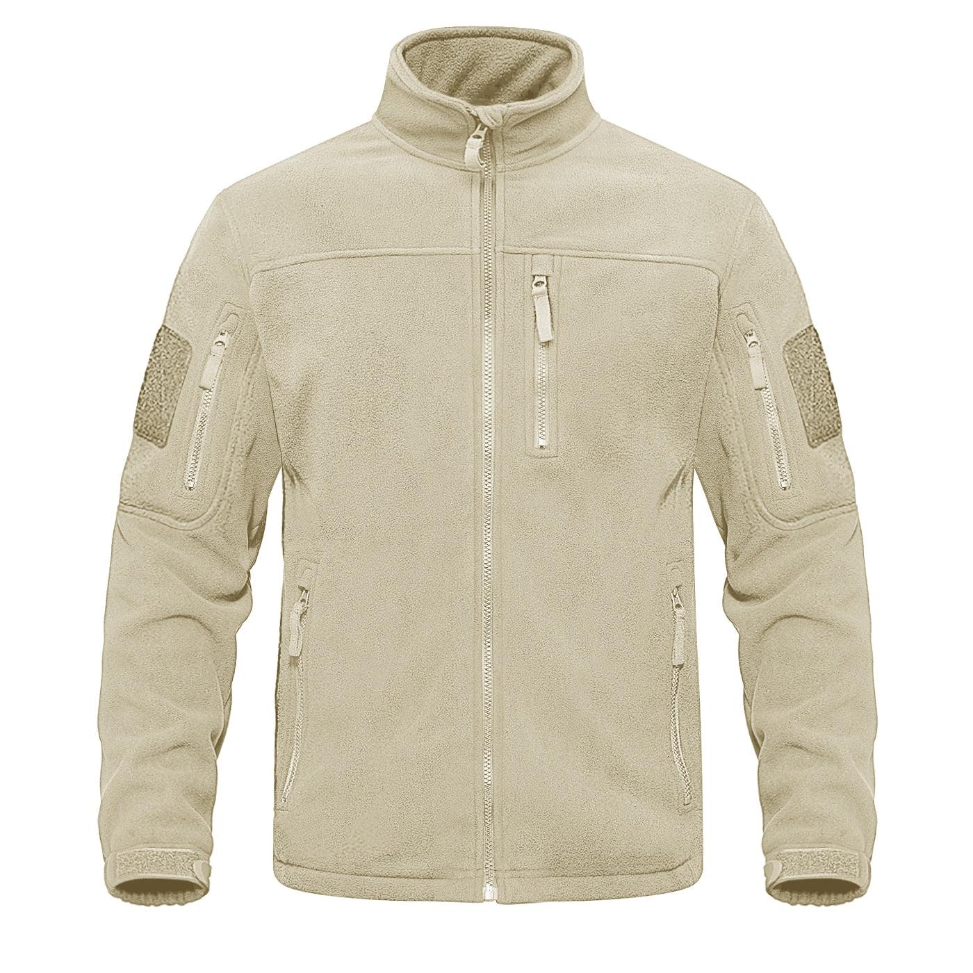 Stevvex beige fleece jacket with high collar and chest and sleeve zip pockets for outdoor wear on Tampa Home & Garden Store