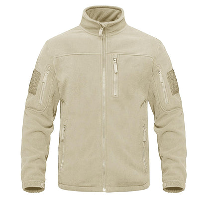 Stevvex beige fleece jacket with high collar and chest and sleeve zip pockets for outdoor wear on Tampa Home & Garden Store