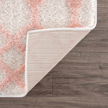 Darva Pink Plush Area Rug with ivory base and pink stripes; soft shag texture on wood floor on Tampa Home & Garden Store