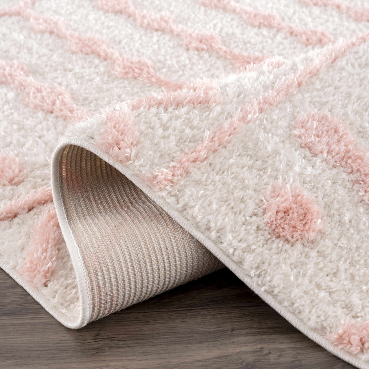 Darva Pink Plush Area Rug by Boutique Rugs, fluffy white and pink shag, 3-piece set on Tampa Home & Garden Store