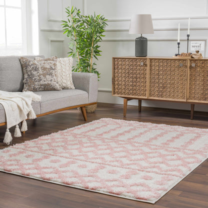 Darva Pink Plush Area Carpet by Boutique Rugs; pink plush shag rug in a living room on Tampa Home & Garden Store