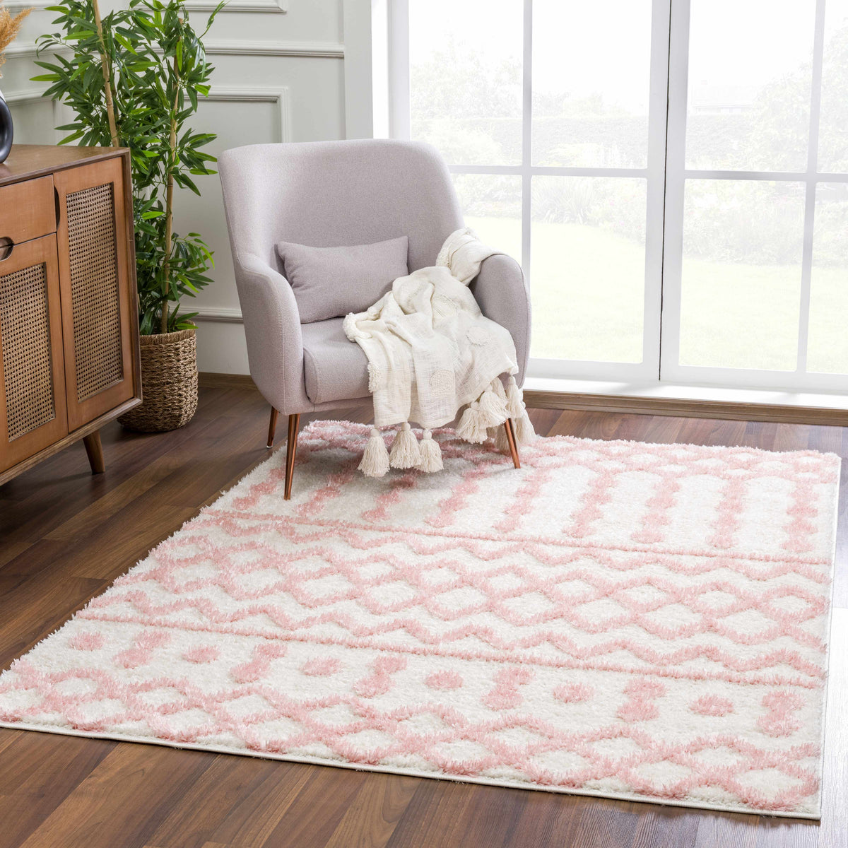 Darva Pink Plush Area Carpet by Boutique Rugs; pink and white diamond-pattern shag rug on Tampa Home & Garden Store
