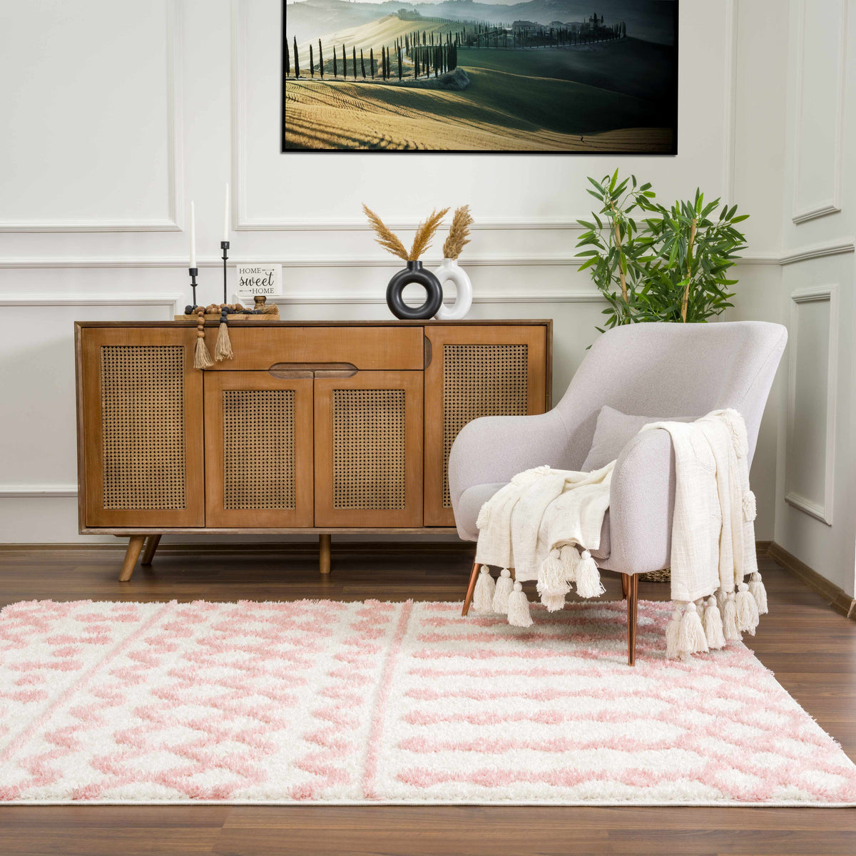 Darva Pink Plush Area Rug with soft pink and white pattern in a living room on Tampa Home & Garden Store