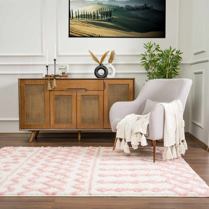 Darva Pink Plush Area Rug with soft pink and white pattern in a living room on Tampa Home & Garden Store