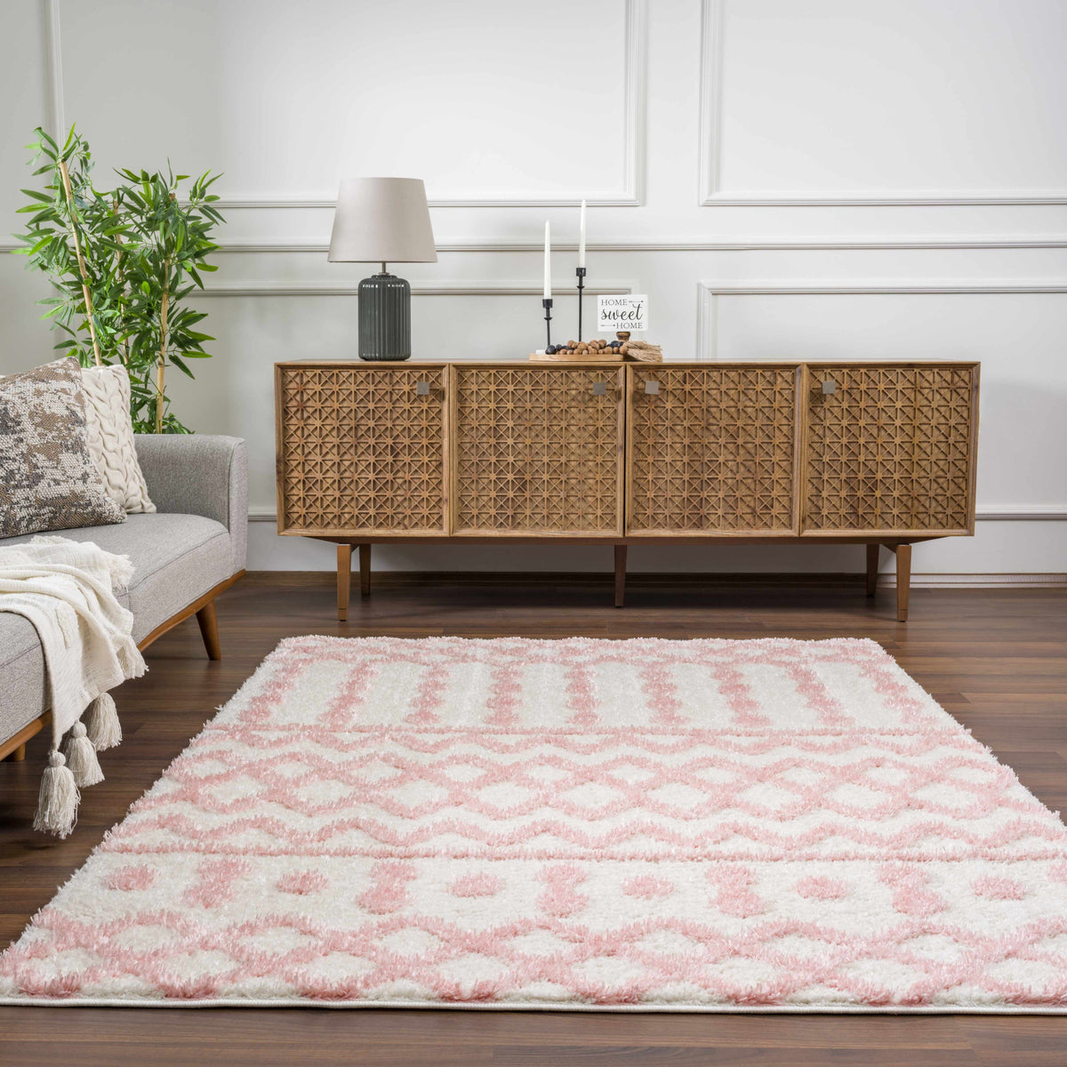 Darva Pink Plush Area Carpet rug with pink and white shag pattern on Tampa Home & Garden Store