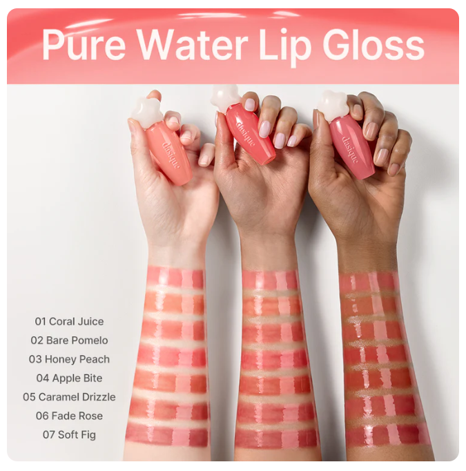 dasique Pure Water Lip Gloss 2.6g, Seoulia lip gloss with 7 swatch shades on forearms on Tampa Home & Garden Store