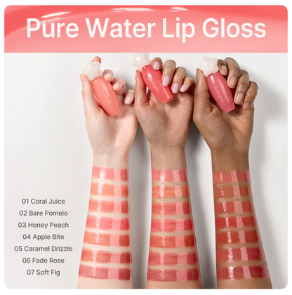 dasique Pure Water Lip Gloss 2.6g, Seoulia lip gloss with 7 swatch shades on forearms on Tampa Home & Garden Store