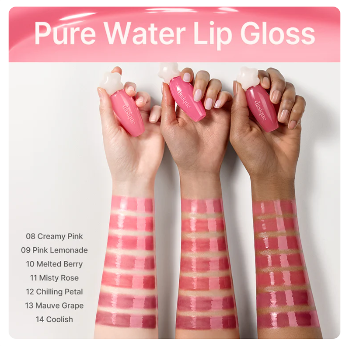 dasique Pure Water Lip Gloss 2.6g swatches on three arms in pink shades; 7 hues by Seoulia on Tampa Home & Garden Store