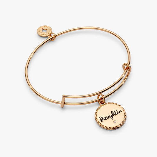 Daughter charm bangle rose gold Alex and Ani bracelet with engraved round pendant rope-edged on Tampa Home & Garden Store