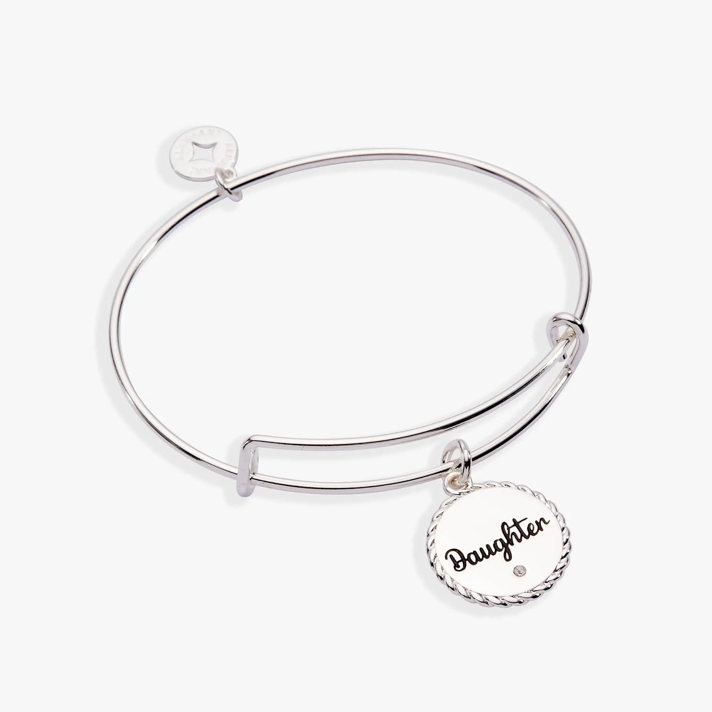 Silver tone Daughter charm bangle bracelet from ALEX AND ANI with circular engraved disc on Tampa Home & Garden Store