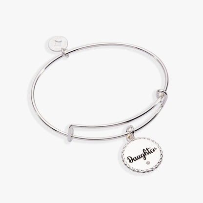Silver tone Daughter charm bangle bracelet from ALEX AND ANI with circular engraved disc on Tampa Home & Garden Store