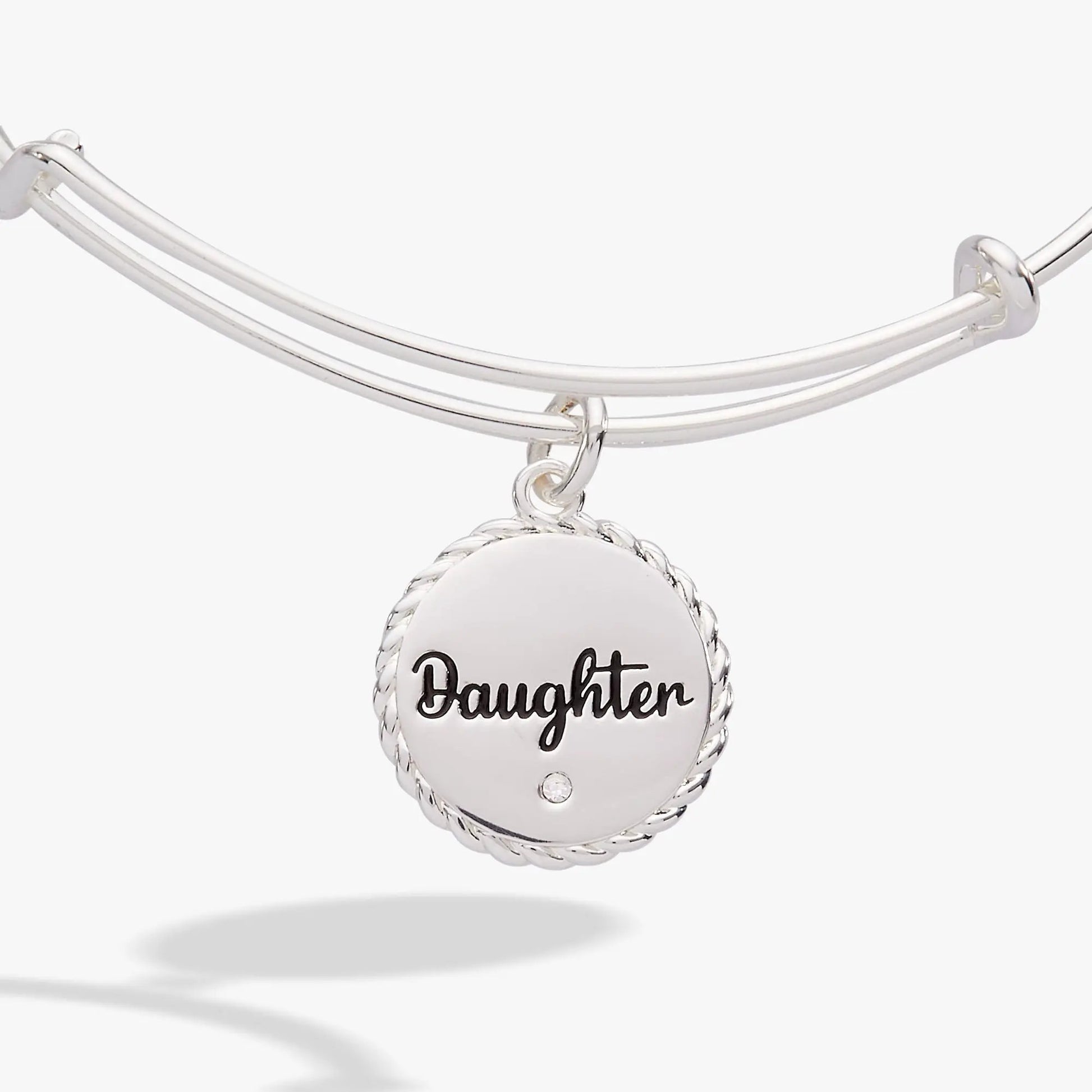 Silver-tone charm bangle with dual bands and round pendant engraved Daughter on Tampa Home & Garden Store