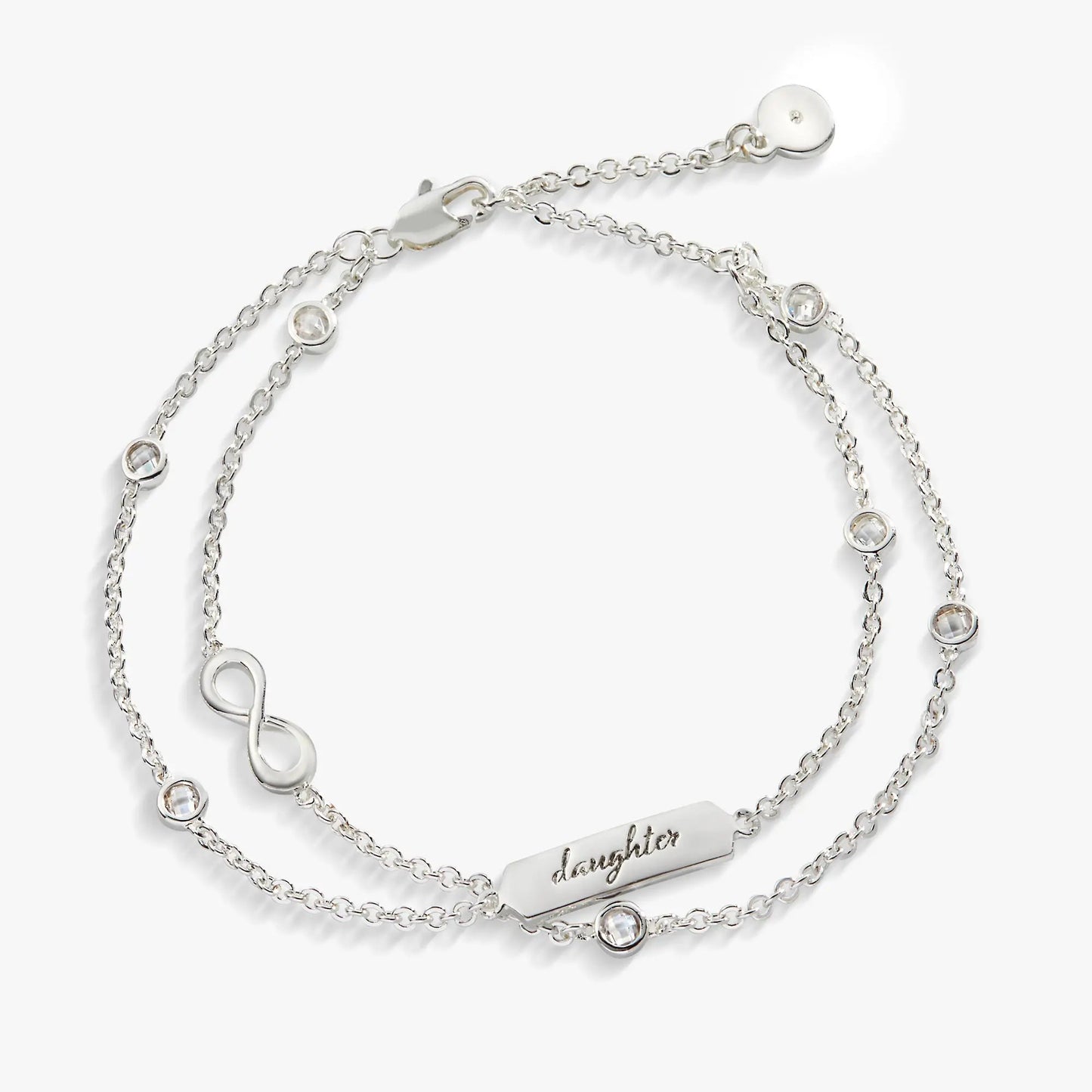 Daughter Infinity Chain Double Strand Bracelet, silver-tone with crystal accents, adjustable on Tampa Home & Garden Store
