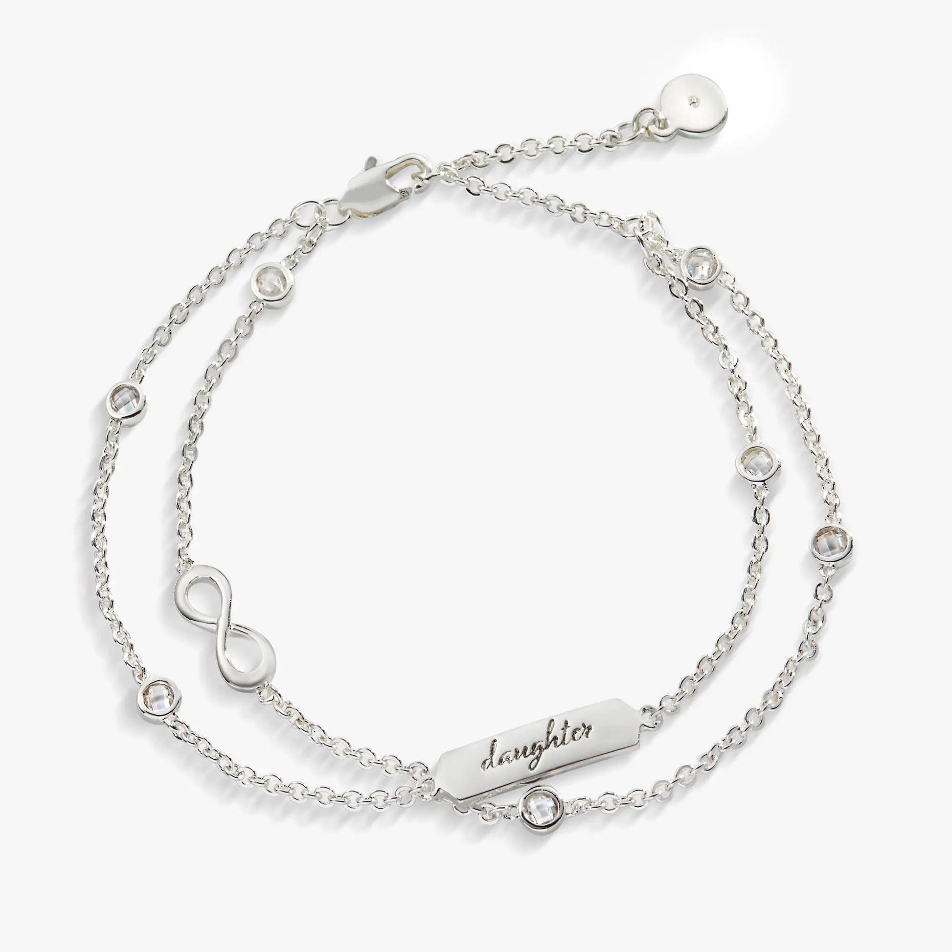 Daughter Infinity Chain Double Strand Bracelet, silver-tone with crystal accents, adjustable on Tampa Home & Garden Store