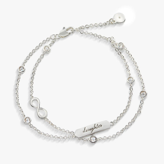 Daughter Infinity Chain Double Strand Bracelet, silver-tone with crystal accents, adjustable on Tampa Home & Garden Store