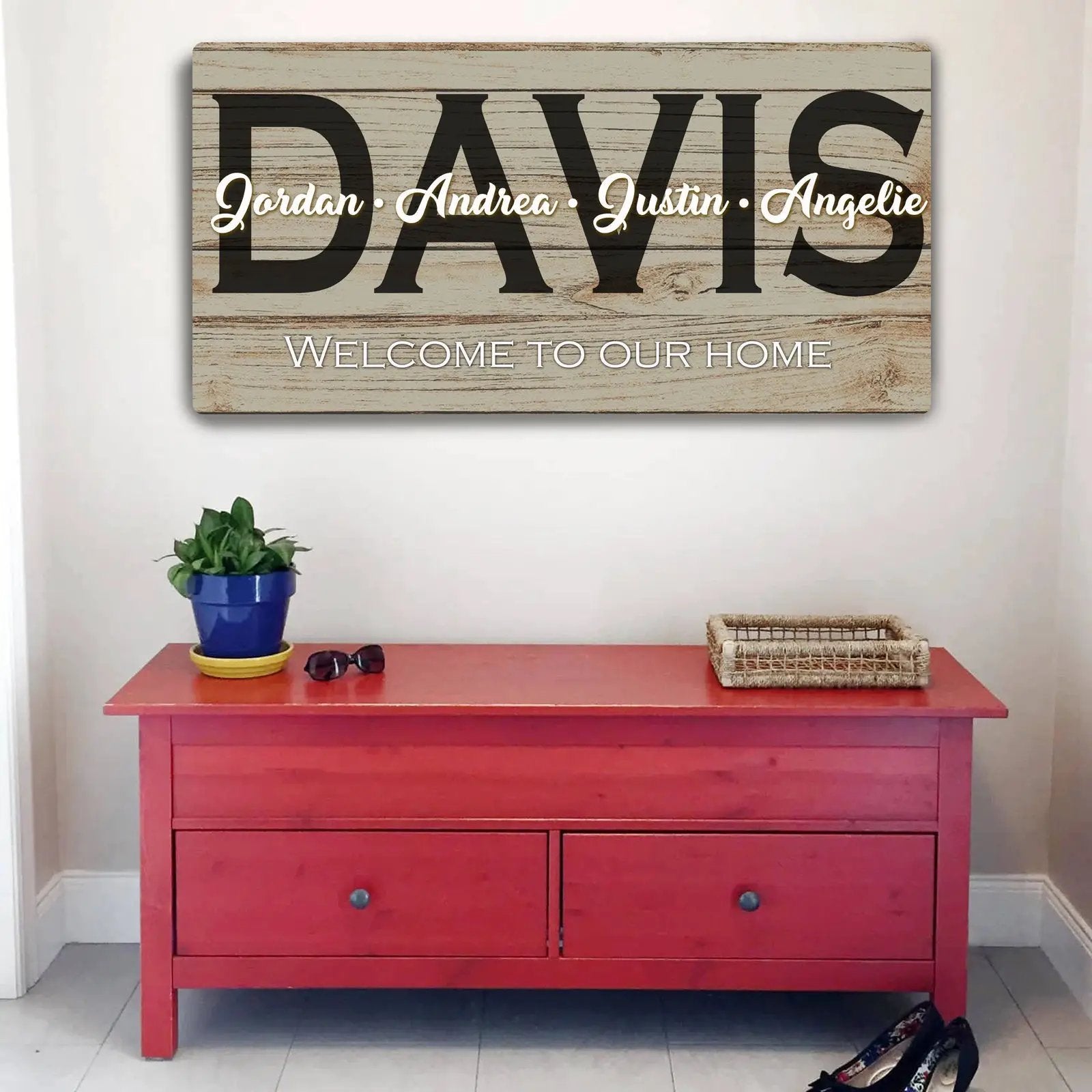 Welcome To Our Home Sign canvas by Tailored Canvases with wood background and bold letters on Tampa Home & Garden Store