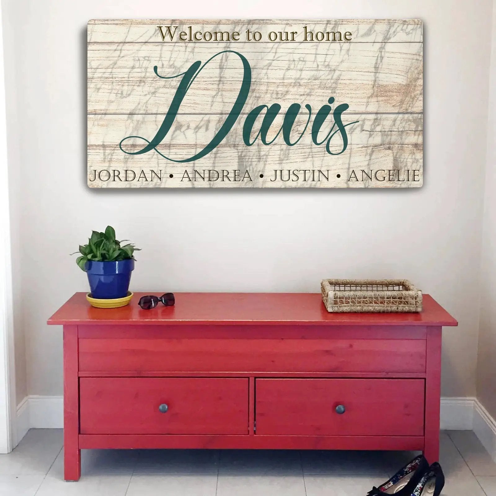 Welcome To Our Home Sign canvas with rustic wood background and teal Davis on Tampa Home & Garden Store