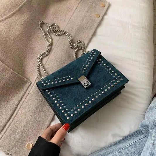 Stevvex teal suede shoulder bag with silver rivet studs and chain strap crossbody style on Tampa Home & Garden Store