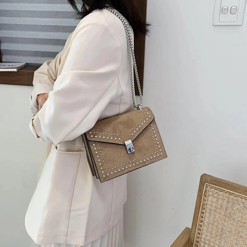 Stevvex taupe suede leather shoulder bag with stud rivets and silver chain crossbody on Tampa Home & Garden Store