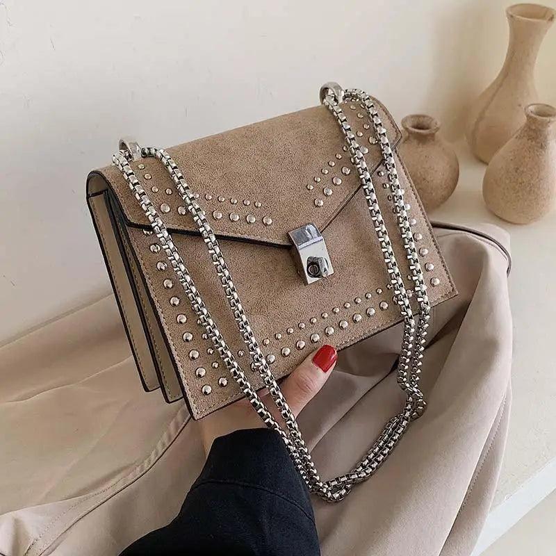 Stevvex Dazzling Scrub Leather Shoulder Bag beige suede with studs and silver chain strap on Tampa Home & Garden Store