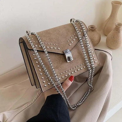 Stevvex Dazzling Scrub Leather Shoulder Bag beige suede with studs and silver chain strap on Tampa Home & Garden Store