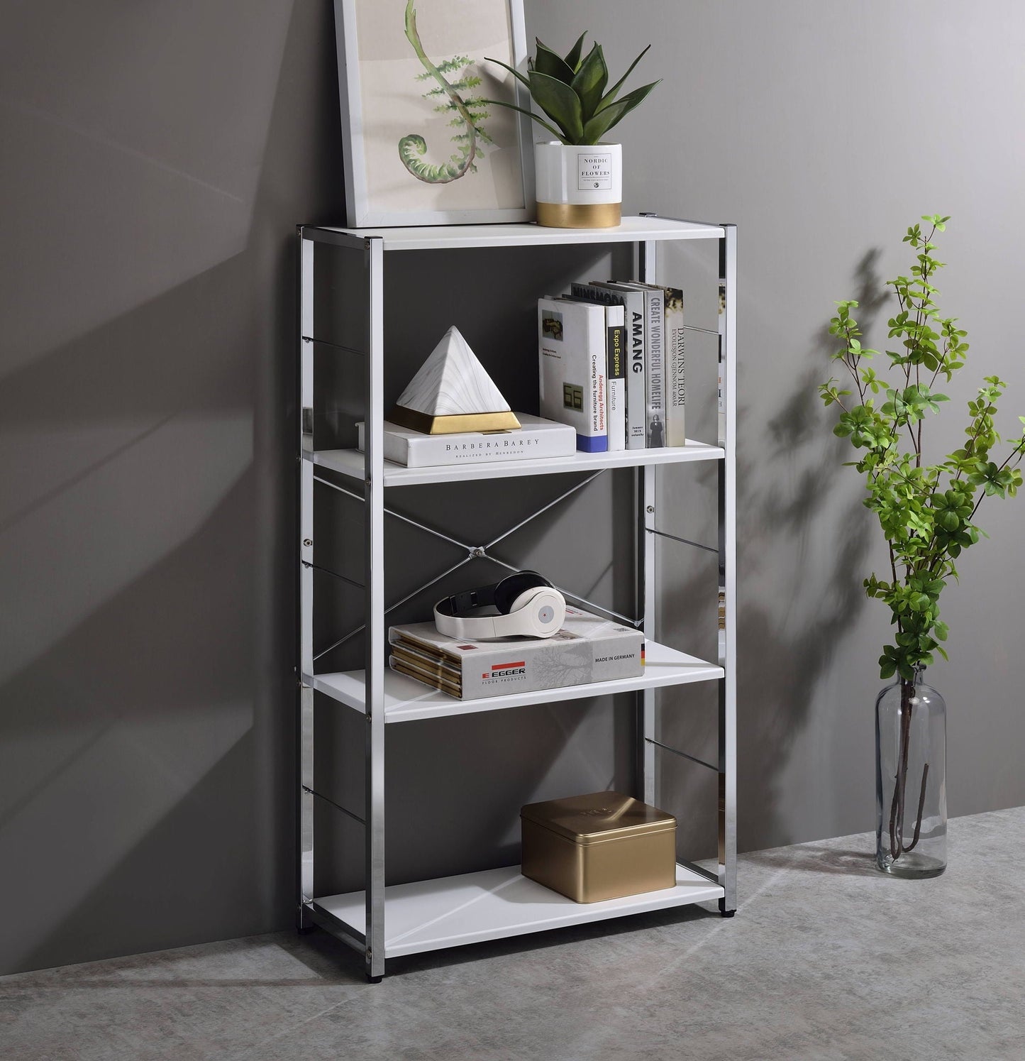 Tennos white bookshelf etagere with chrome frame plant and books HouseOfZazla on Tampa Home & Garden Store
