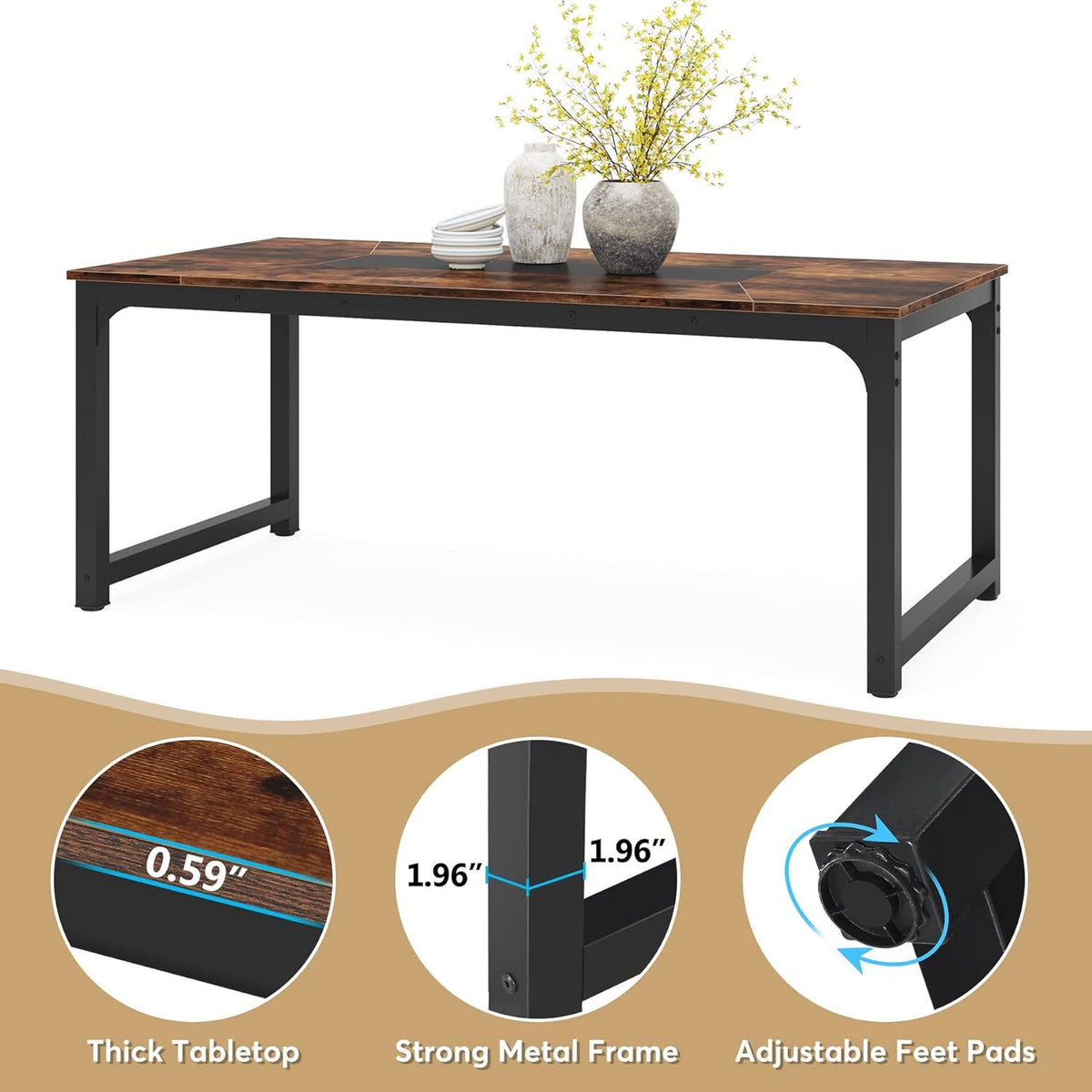 Rectangular Kitchen & Dining Table with brown wood top and black metal frame HouseOfZazla on Tampa Home & Garden Store