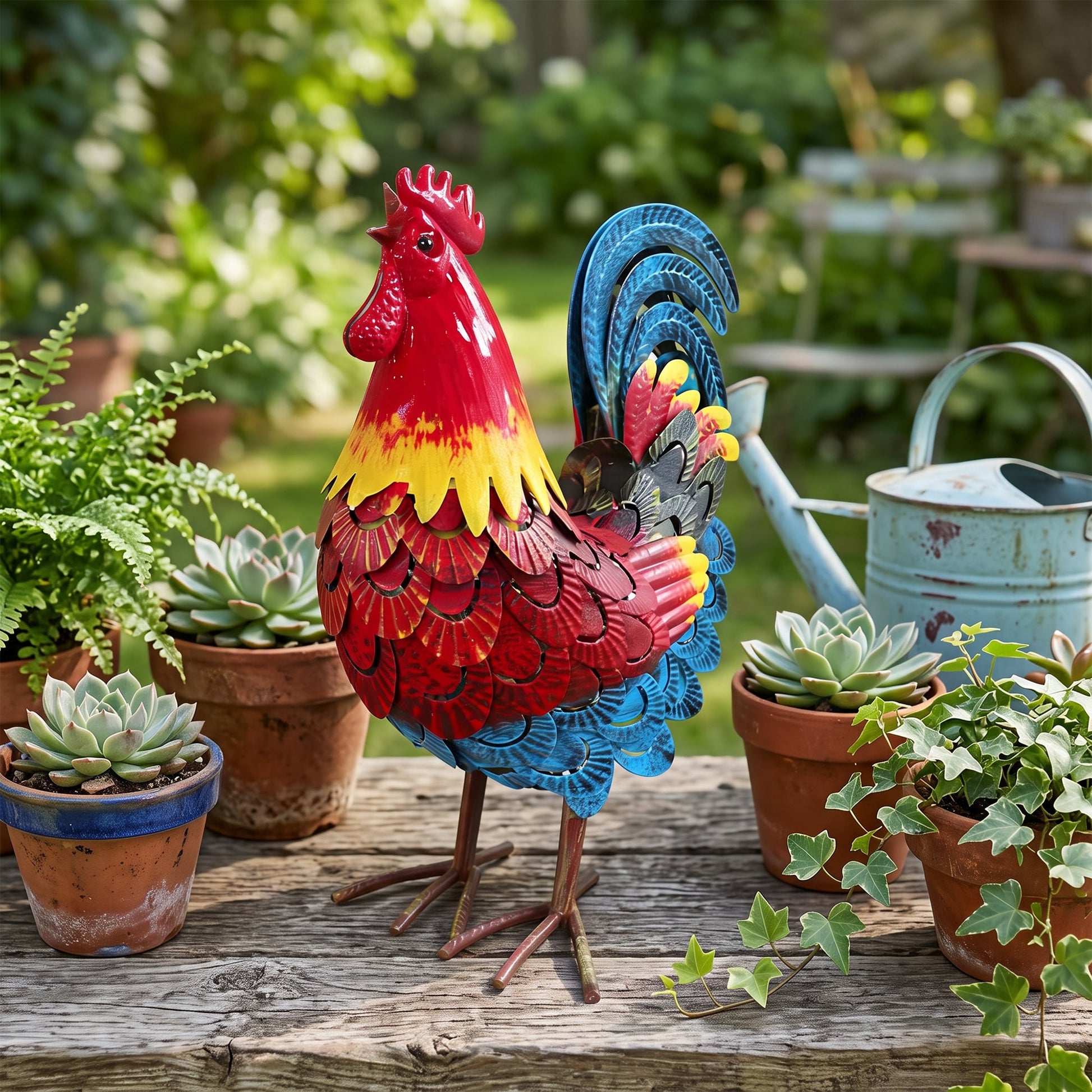 Wrought-iron rooster garden statue with red head, yellow body, and blue tail accents on Tampa Home & Garden Store