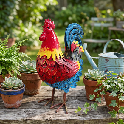Wrought-iron rooster garden statue with red head, yellow body, and blue tail accents on Tampa Home & Garden Store