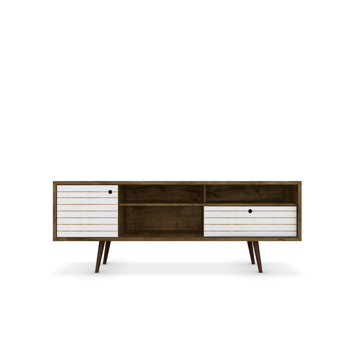 TV stand by HouseOfZazla, wood finish, white slatted drawers, wire management, mid-century legs on Tampa Home & Garden Store