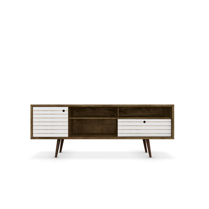 TV stand by HouseOfZazla, wood finish, white slatted drawers, wire management, mid-century legs on Tampa Home & Garden Store