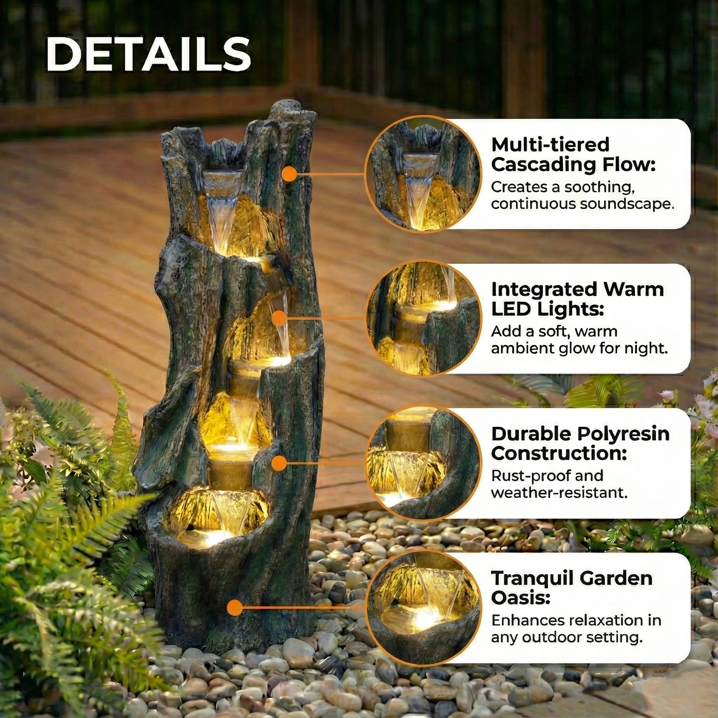 Waterfall Fountain by HouseOfZazla rock-stone outdoor fountain with warm LED lighting on Tampa Home & Garden Store